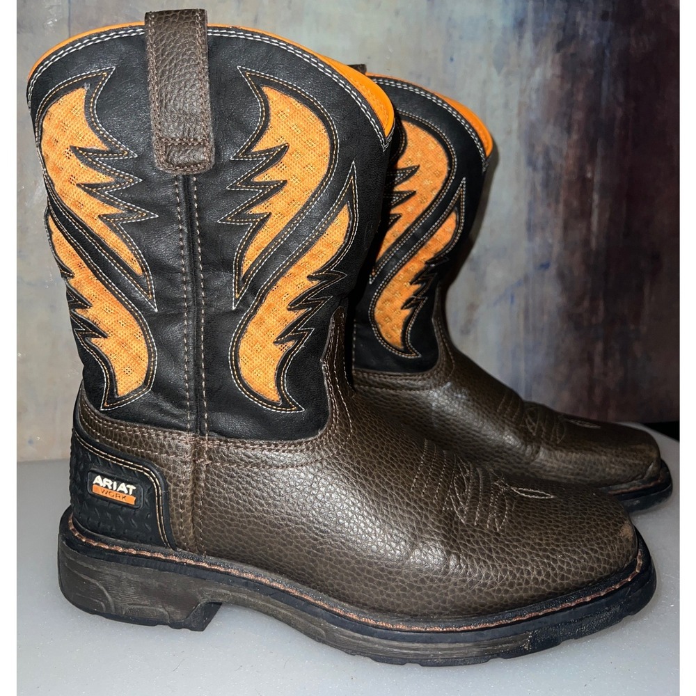 Ariat VentTek Boys 4 Western Work Boots BRN/BLK/ORG Flame Mesh Pull On 10034159